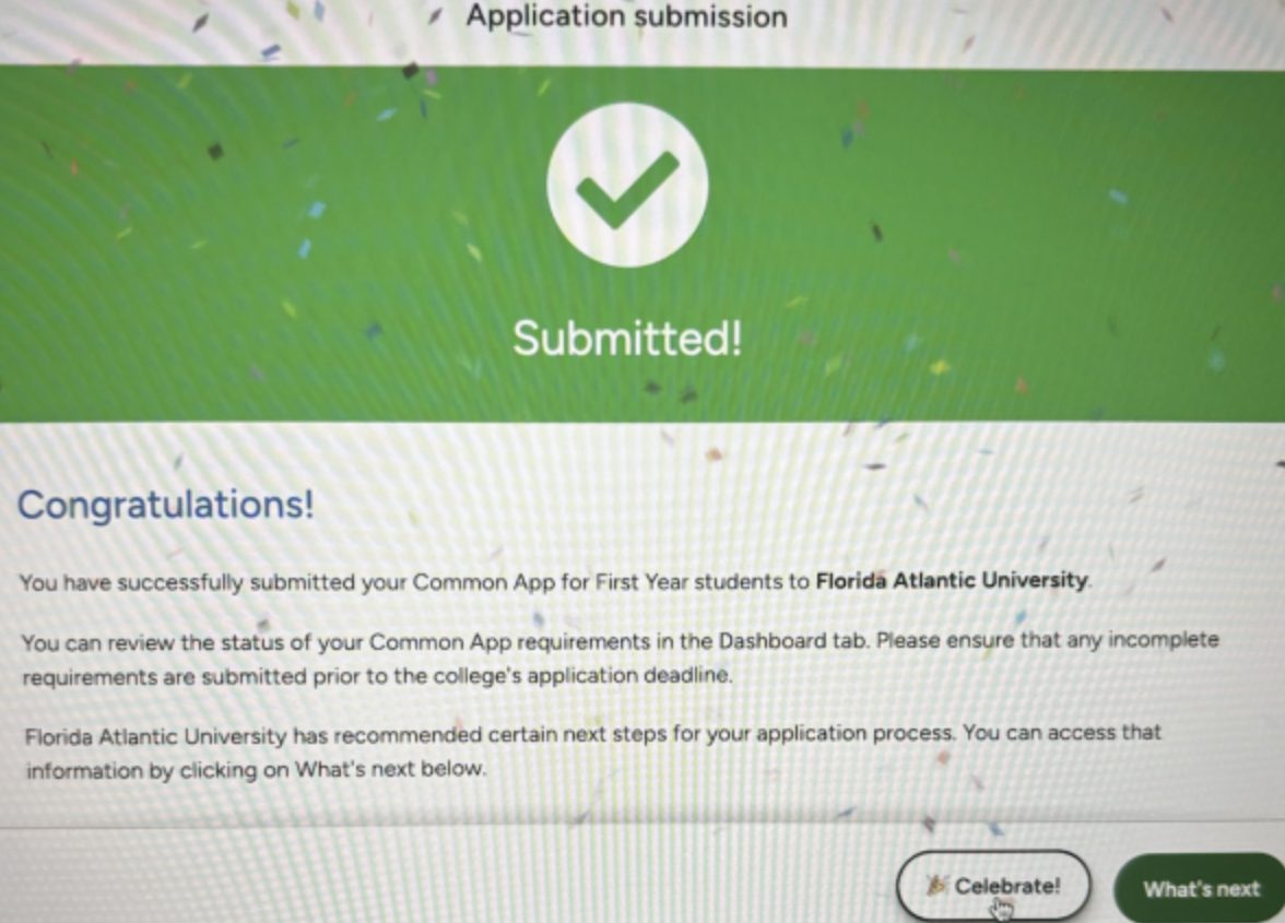 Common App screen after I submitted my application to FAU YEY!